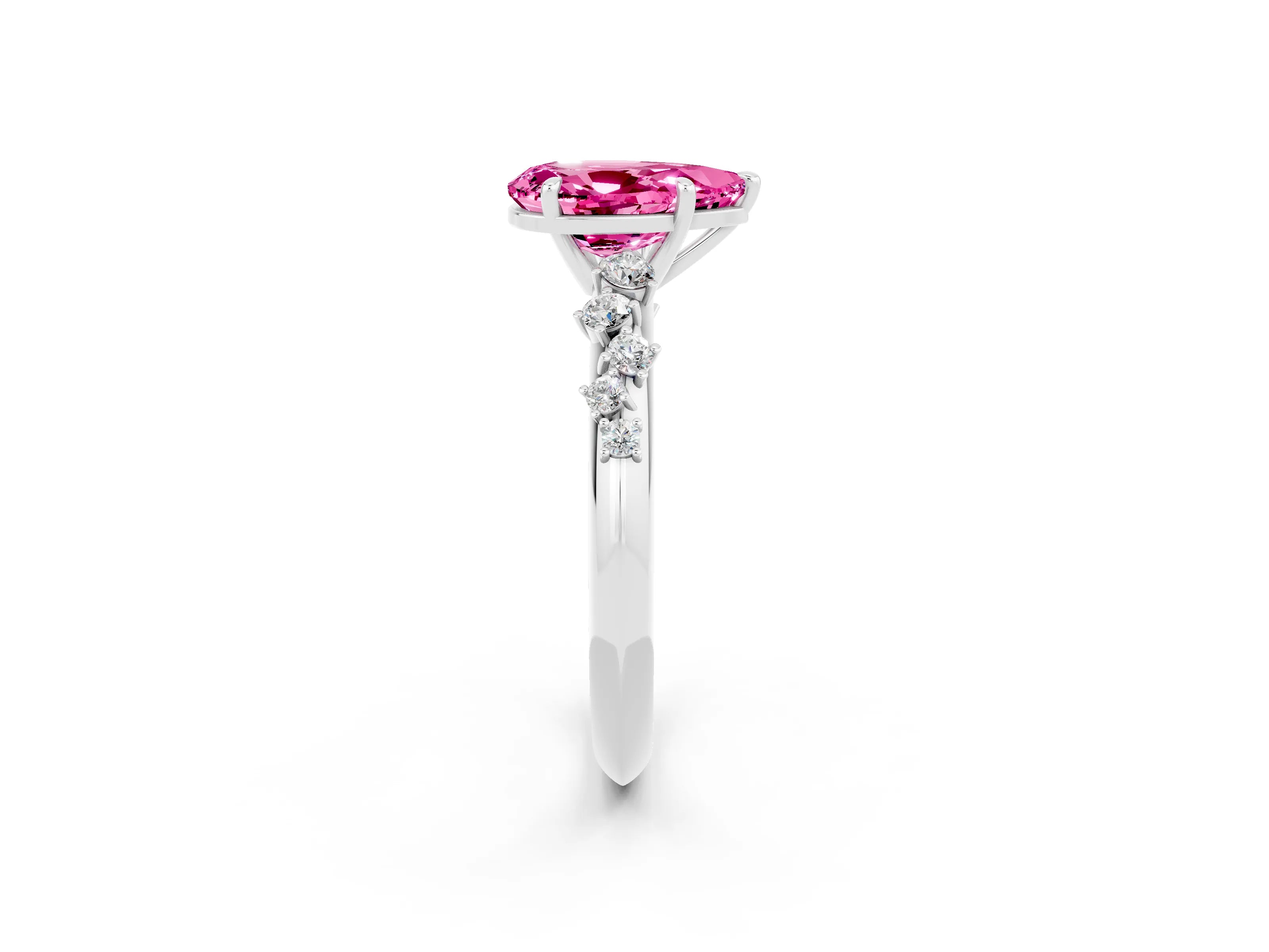 White gold Pear Cut Pink Sapphire Cluster Side Stone Solitaire Ring with Prong Setting_50