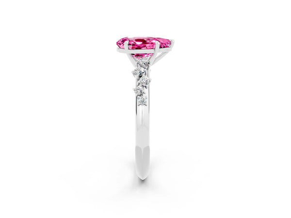Platinum Pear Cut Pink Sapphire Cluster Side Stone Solitaire Ring with Prong Setting