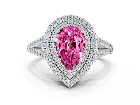 White gold Pear Cut Pink Sapphire Double Halo Ring with Pavé Band and Prong Setting_24