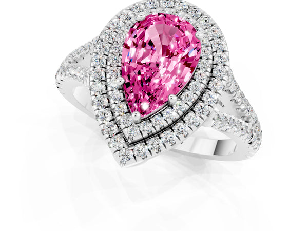 Platinum Pear Cut Pink Sapphire Double Halo Ring with Pavé Band and Prong Setting