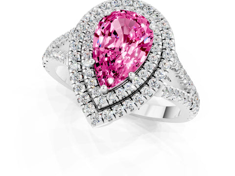 White gold Pear Cut Pink Sapphire Double Halo Ring with Pavé Band and Prong Setting_25