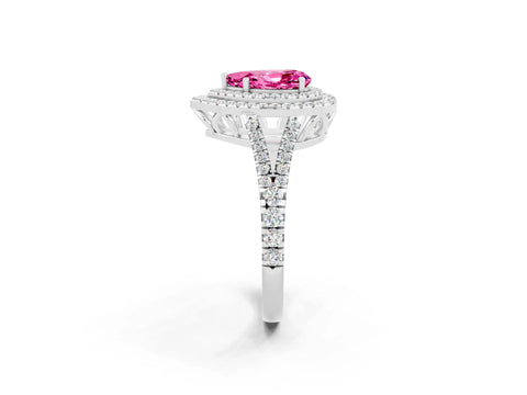 White gold Pear Cut Pink Sapphire Double Halo Ring with Pavé Band and Prong Setting_26