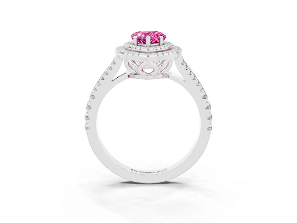 Platinum Pear Cut Pink Sapphire Double Halo Ring with Pavé Band and Prong Setting