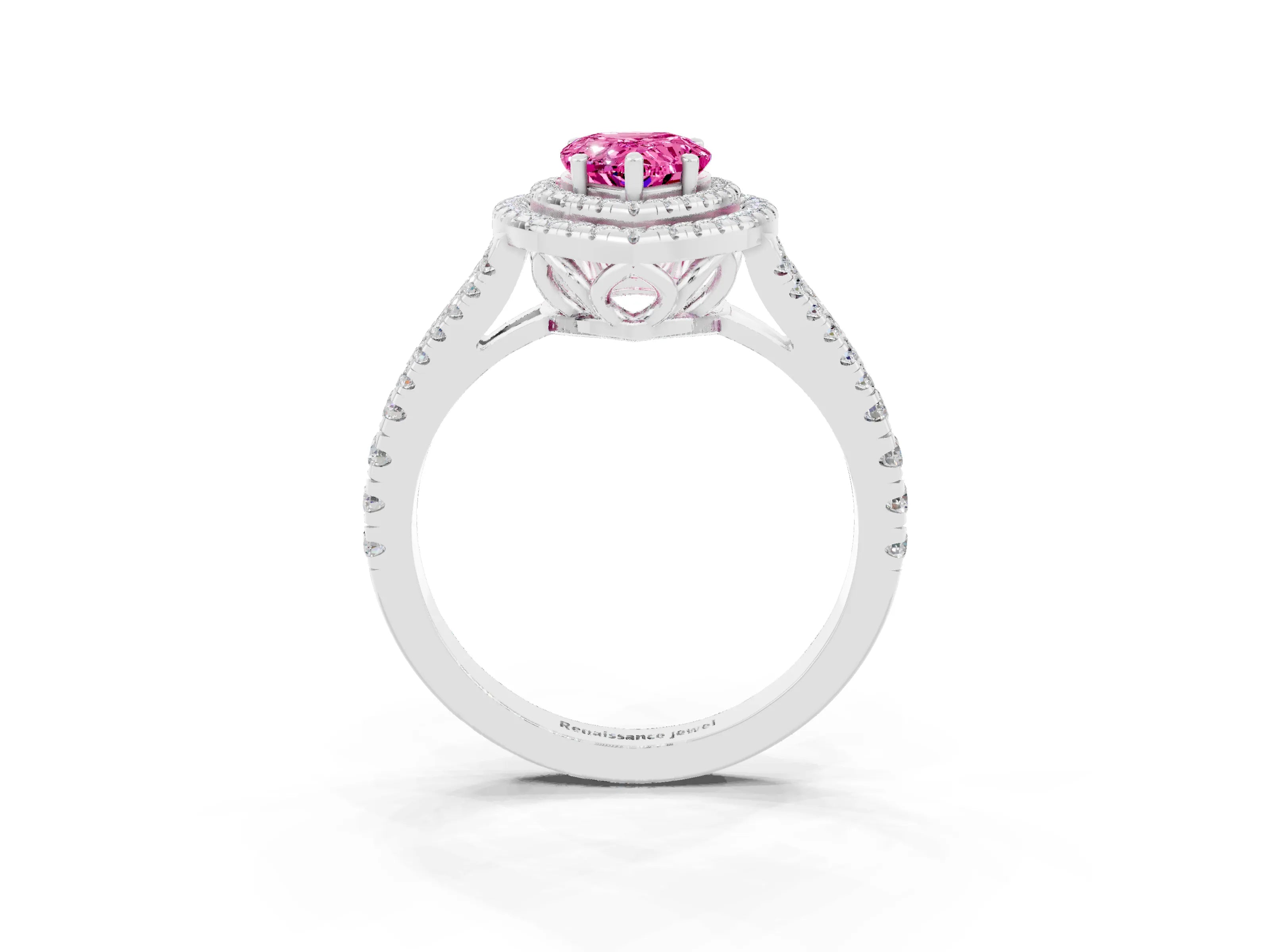 White gold Pear Cut Pink Sapphire Double Halo Ring with Pavé Band and Prong Setting_27
