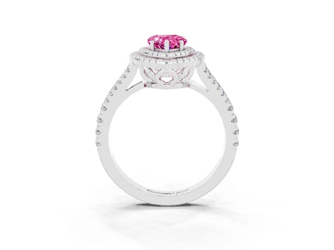 White gold Pear Cut Pink Sapphire Double Halo Ring with Pavé Band and Prong Setting_27