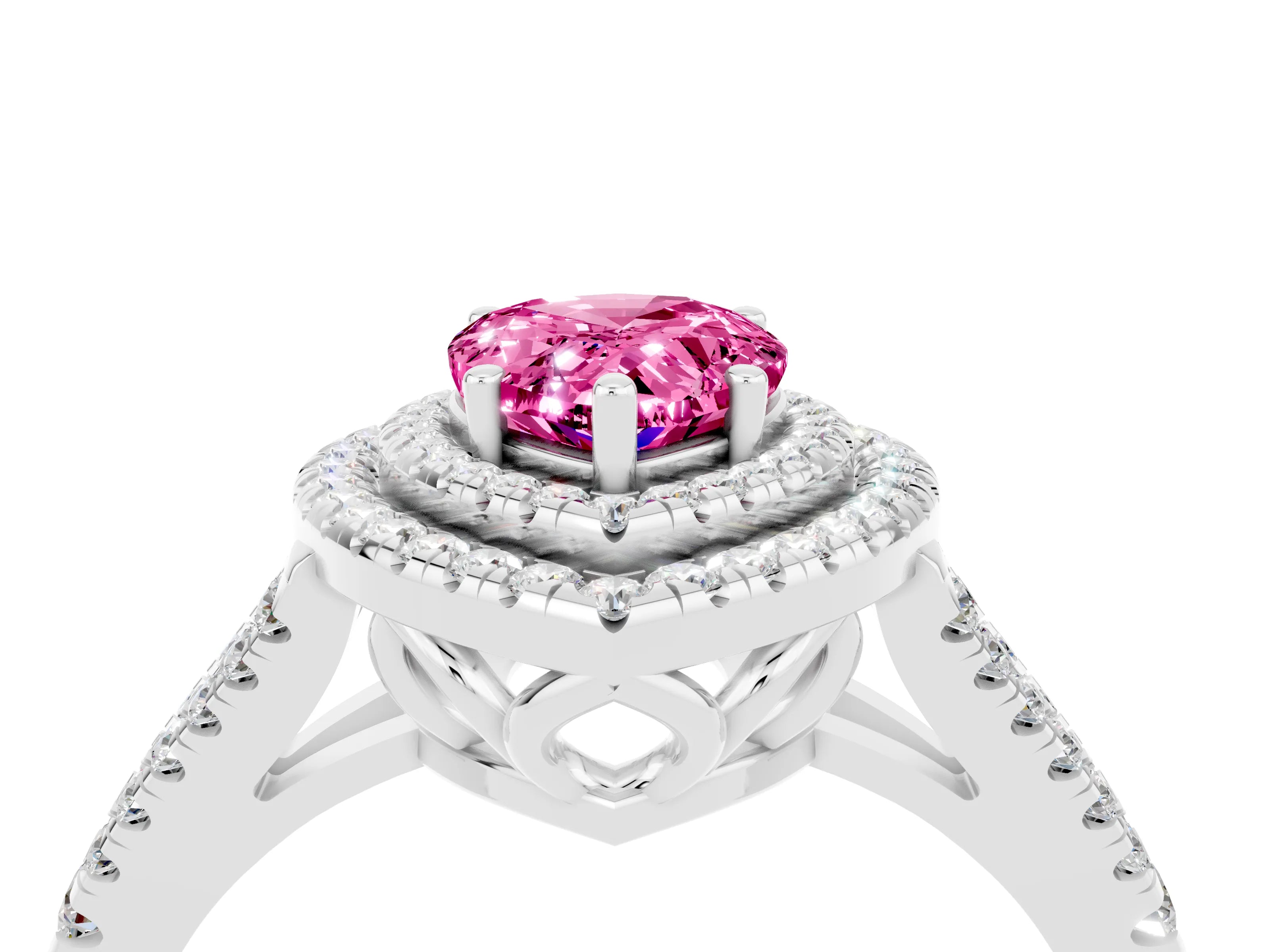 White gold Pear Cut Pink Sapphire Double Halo Ring with Pavé Band and Prong Setting_28