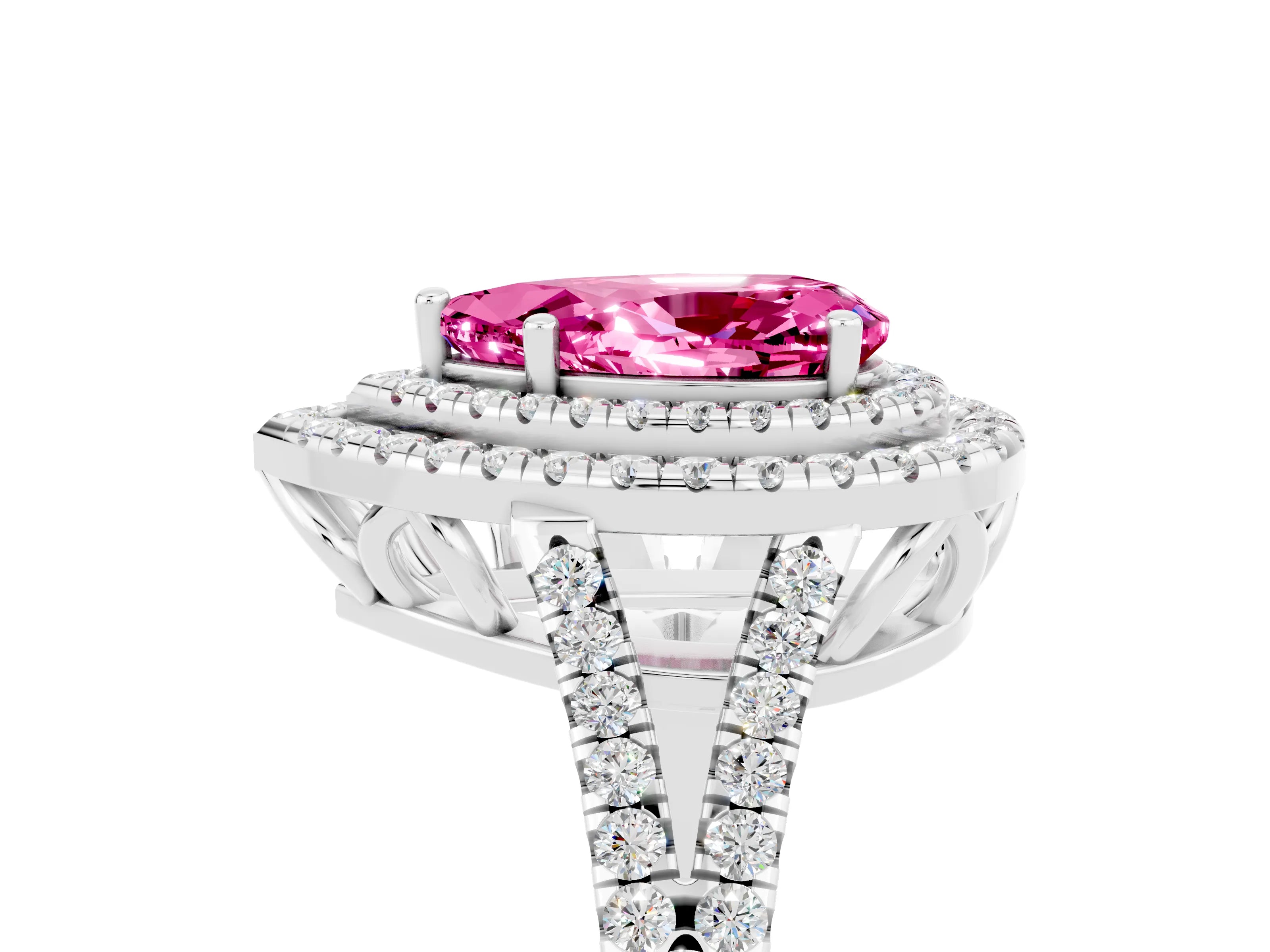 White gold Pear Cut Pink Sapphire Double Halo Ring with Pavé Band and Prong Setting_29