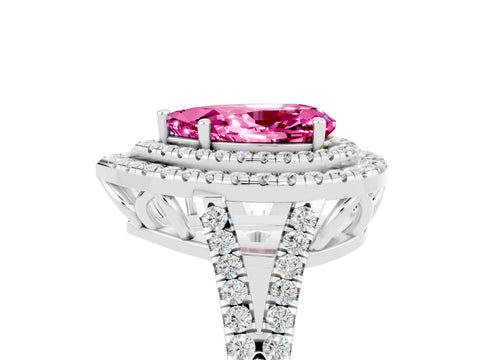 White gold Pear Cut Pink Sapphire Double Halo Ring with Pavé Band and Prong Setting_29