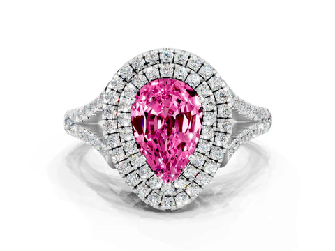White gold Pear Cut Pink Sapphire Double Halo Ring with Split Shank and Prong Setting_12