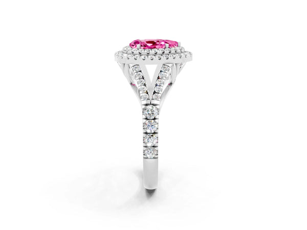Platinum Pear Cut Pink Sapphire Double Halo Ring with Split Shank and Prong Setting