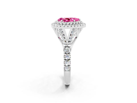 White gold Pear Cut Pink Sapphire Double Halo Ring with Split Shank and Prong Setting_14