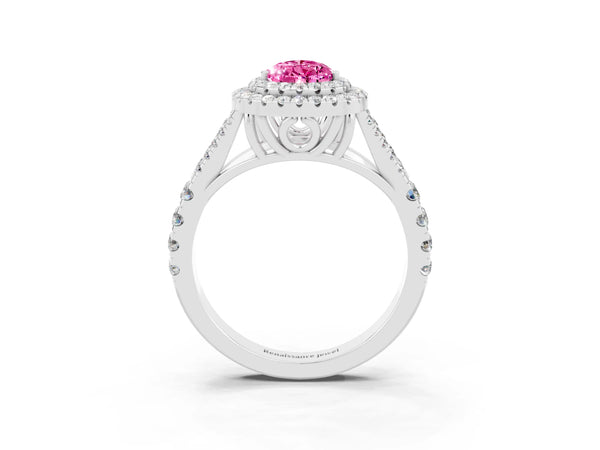 Silver Pear Cut Pink Sapphire Double Halo Ring with Split Shank and Prong Setting