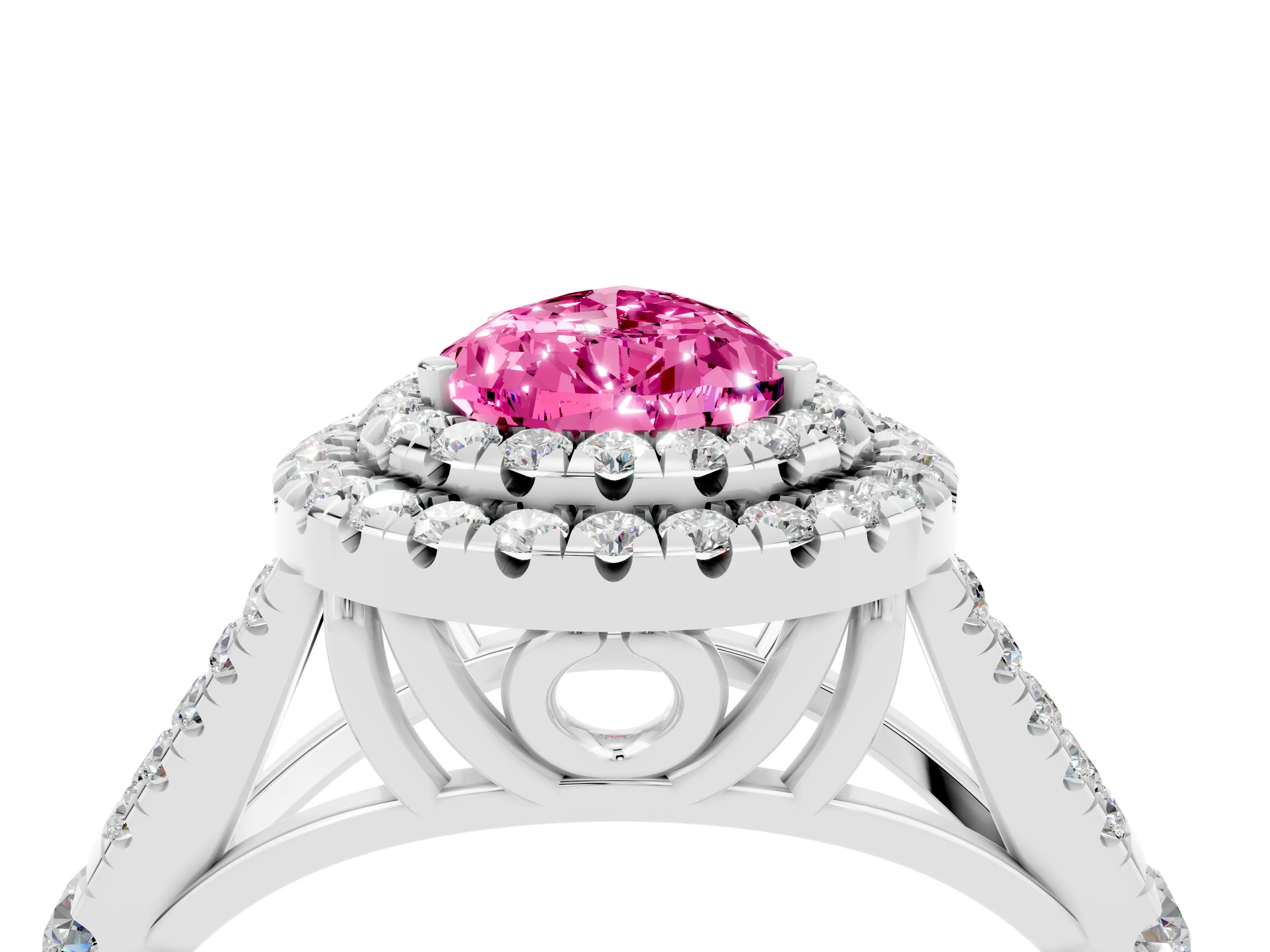 White gold Pear Cut Pink Sapphire Double Halo Ring with Split Shank and Prong Setting_16