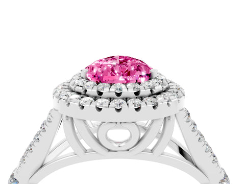 White gold Pear Cut Pink Sapphire Double Halo Ring with Split Shank and Prong Setting_16