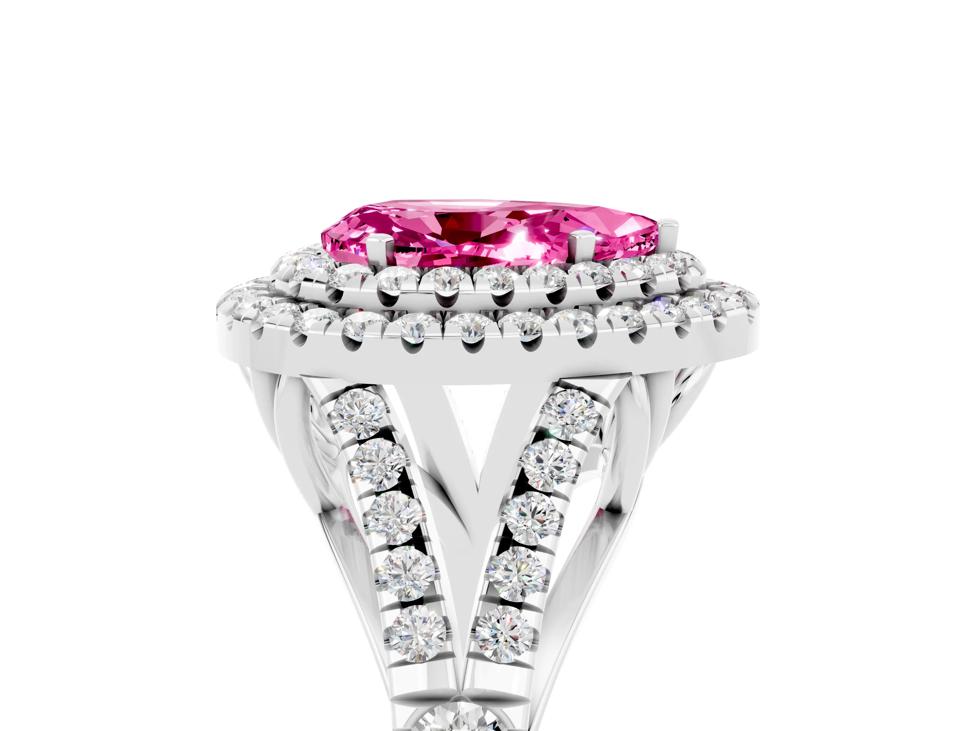 White gold Pear Cut Pink Sapphire Double Halo Ring with Split Shank and Prong Setting_17