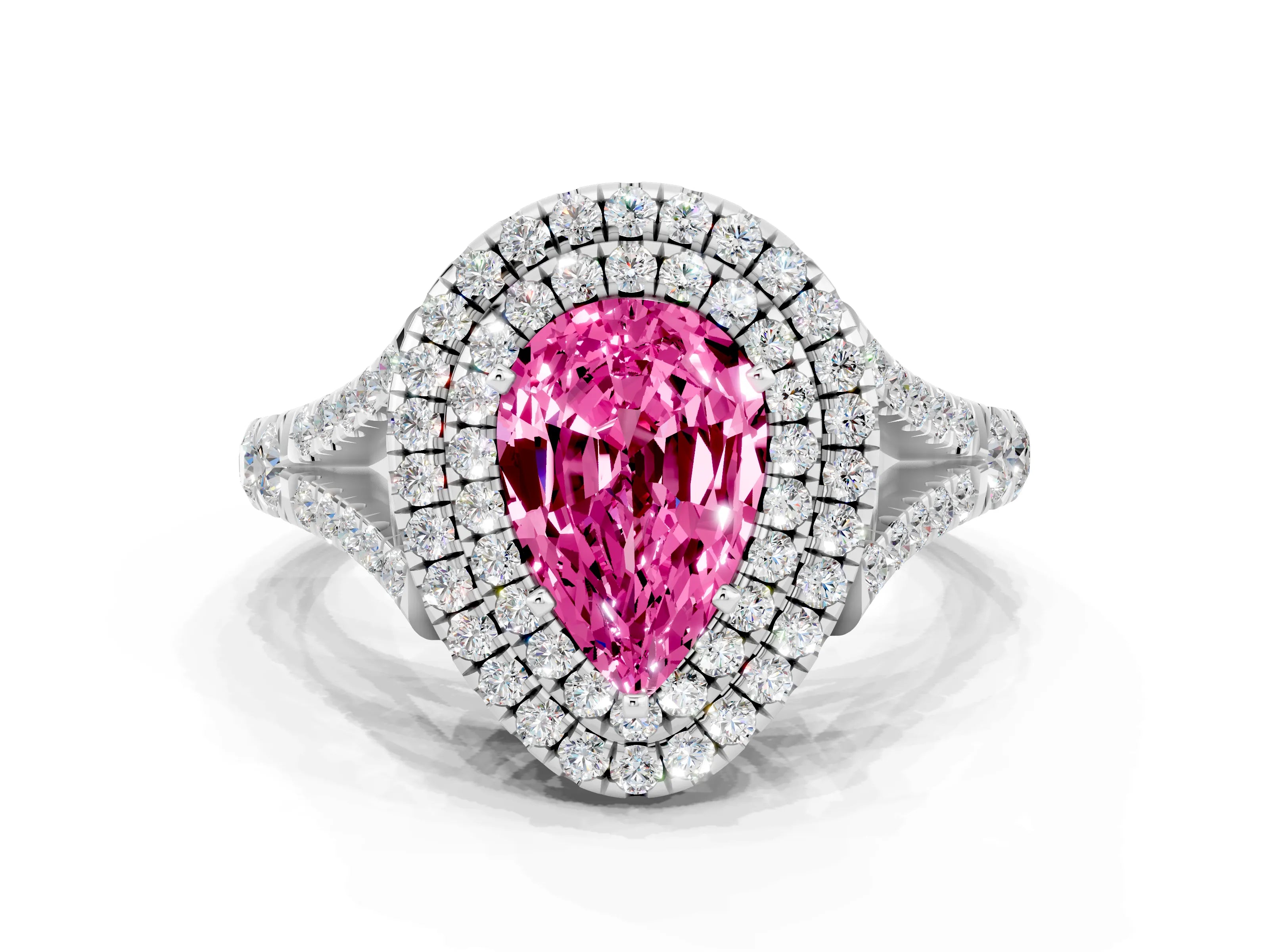 White gold Pear Cut Pink Sapphire Double Halo Ring with Split Shank and Prong Setting_24