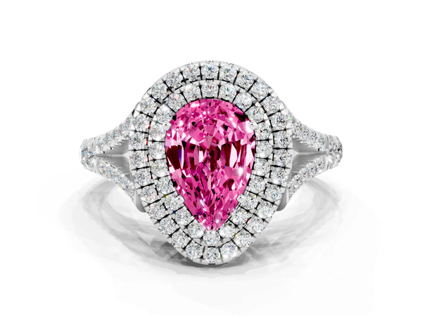 White gold Pear Cut Pink Sapphire Double Halo Ring with Split Shank and Prong Setting