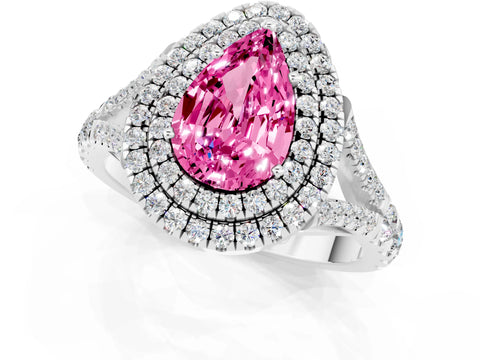White gold Pear Cut Pink Sapphire Double Halo Ring with Split Shank and Prong Setting_25
