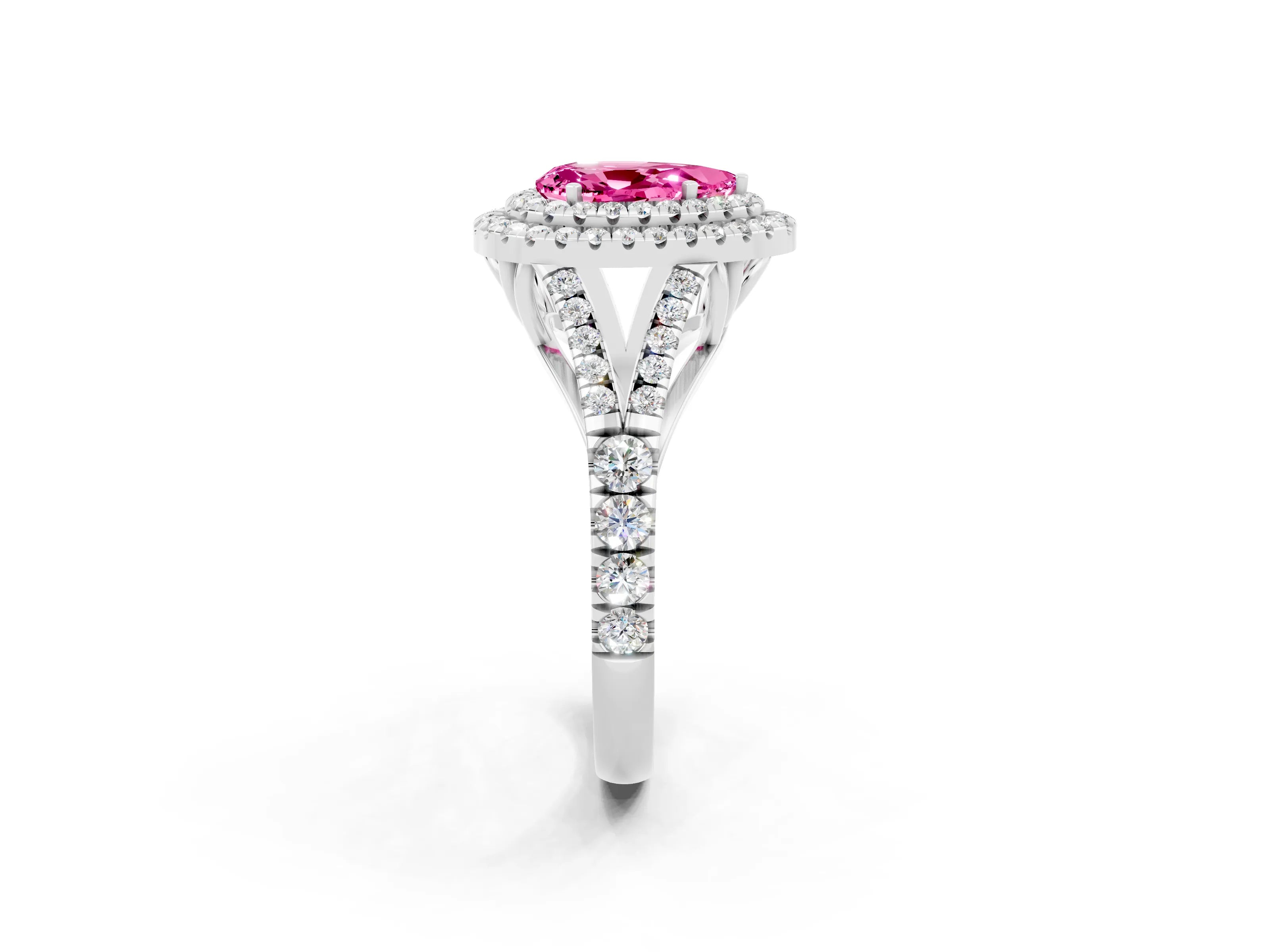 White gold Pear Cut Pink Sapphire Double Halo Ring with Split Shank and Prong Setting_26