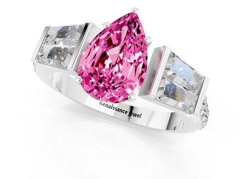 White gold Pear Cut Pink Sapphire Engagement Ring with Baguette Side Stones and Channel Set Band_1