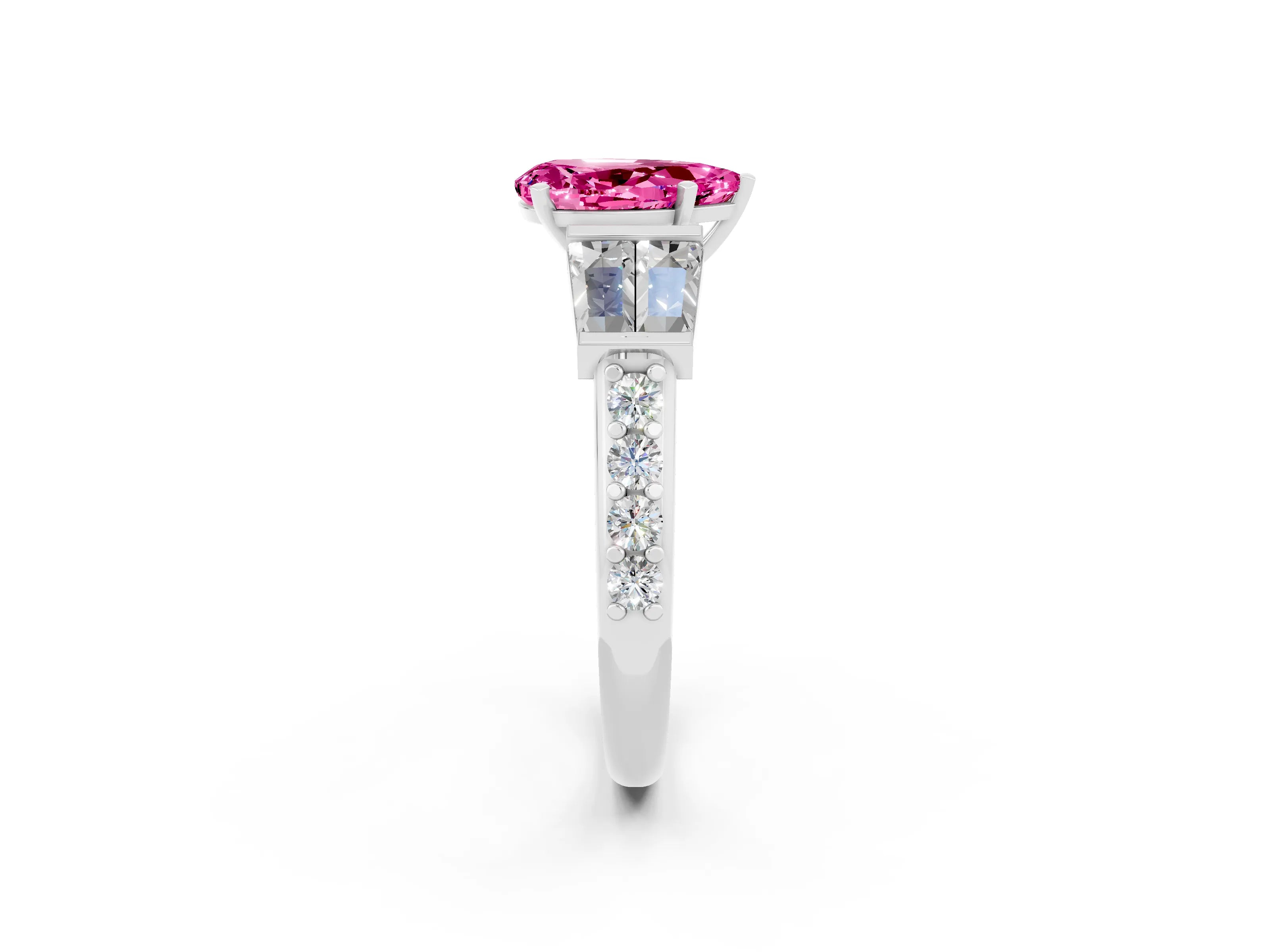 White gold Pear Cut Pink Sapphire Engagement Ring with Baguette Side Stones and Channel Set Band_2