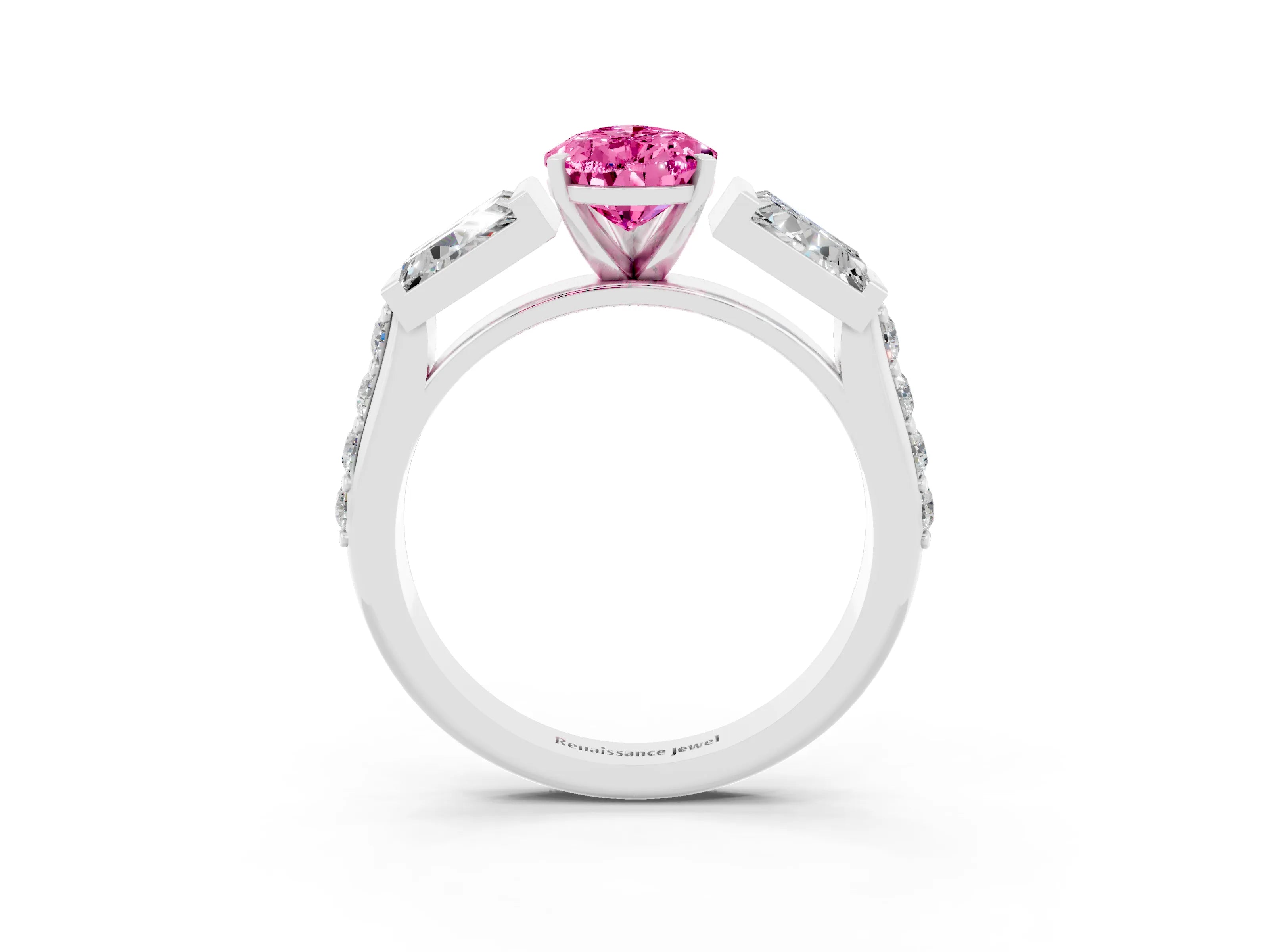 White gold Pear Cut Pink Sapphire Engagement Ring with Baguette Side Stones and Channel Set Band_3