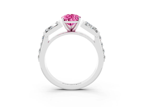 White gold Pear Cut Pink Sapphire Engagement Ring with Baguette Side Stones and Channel Set Band