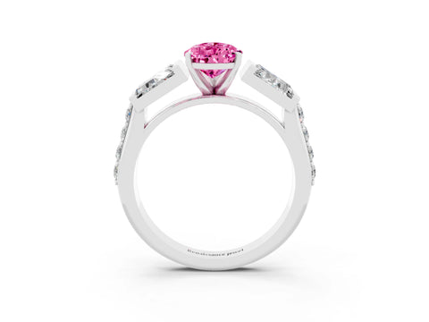 White gold Pear Cut Pink Sapphire Engagement Ring with Baguette Side Stones and Channel Set Band_3
