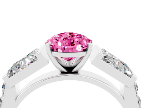 White gold Pear Cut Pink Sapphire Engagement Ring with Baguette Side Stones and Channel Set Band_4