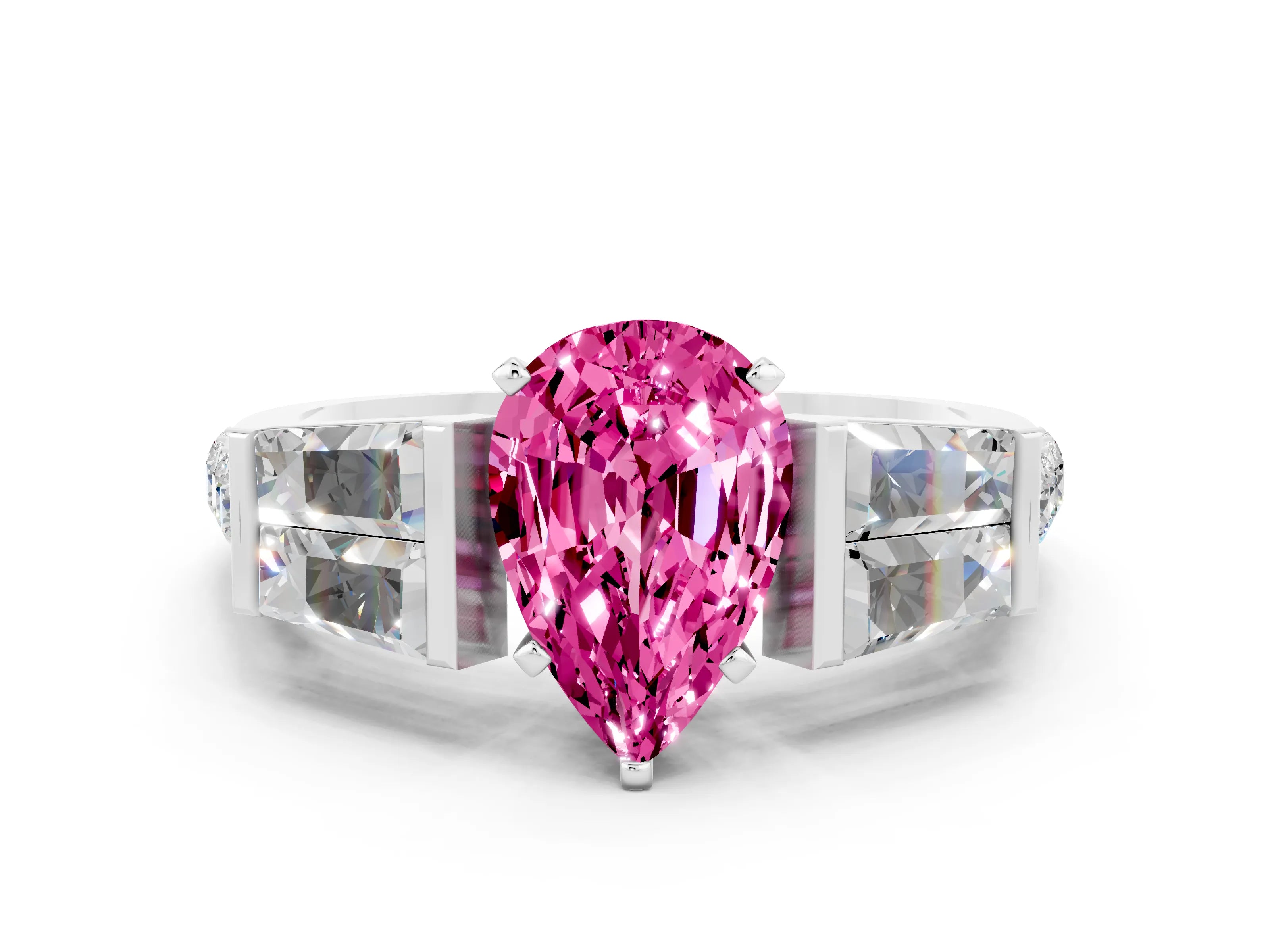 White gold Pear Cut Pink Sapphire Engagement Ring with Baguette Side Stones and Channel Set Band