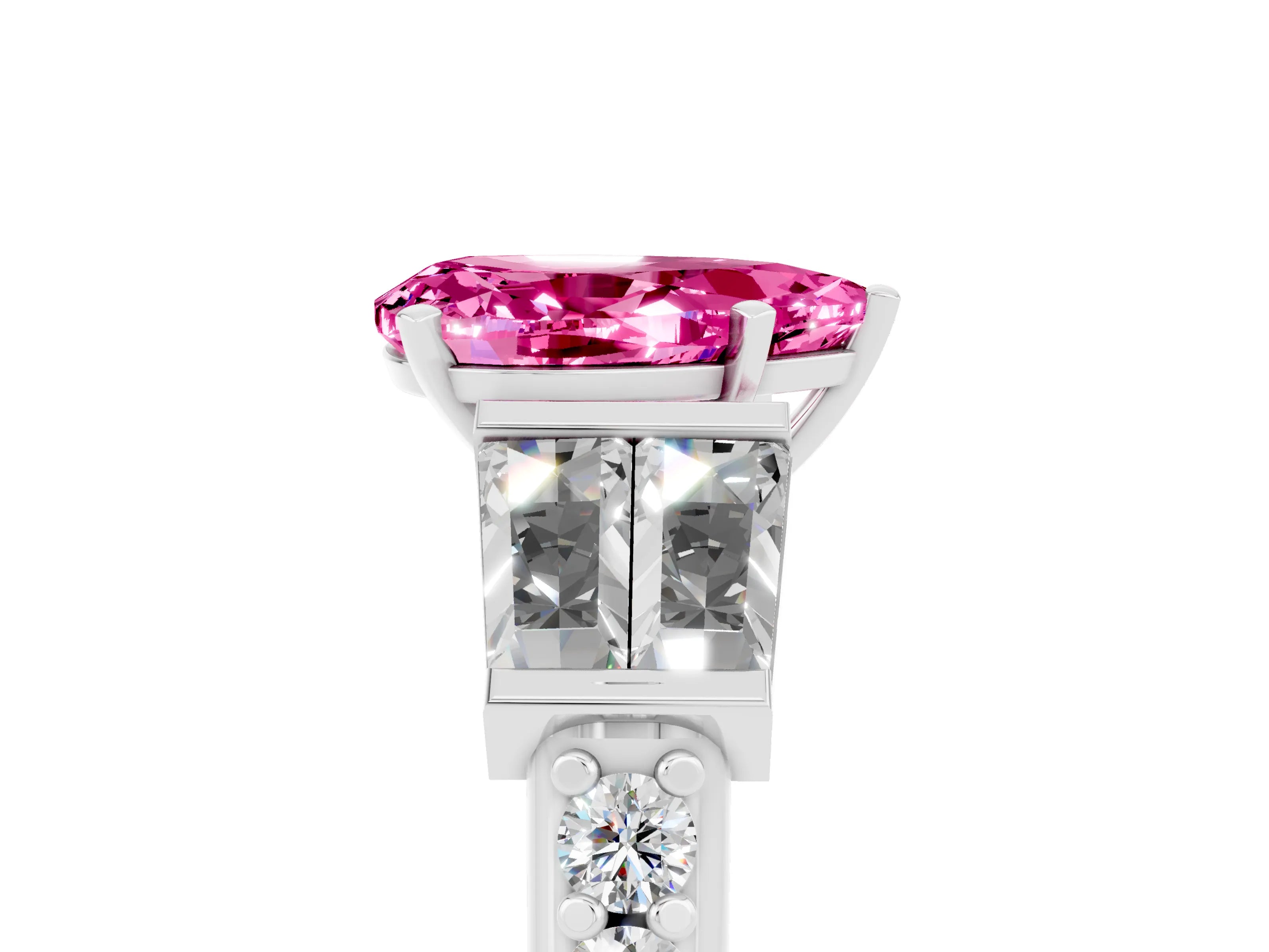 White gold Pear Cut Pink Sapphire Engagement Ring with Baguette Side Stones and Channel Set Band_5