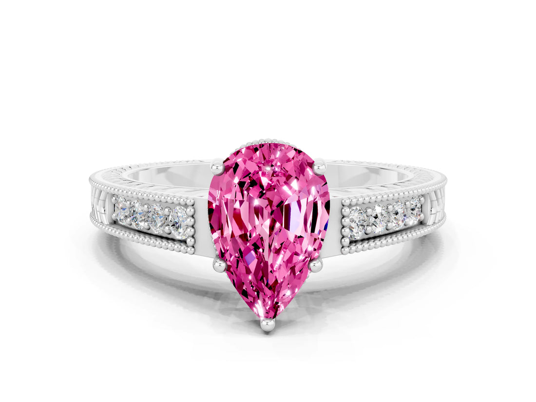 White gold Pear Cut Pink Sapphire Engagement Ring with Milgrain Channel Set Band and Prong Setting_24