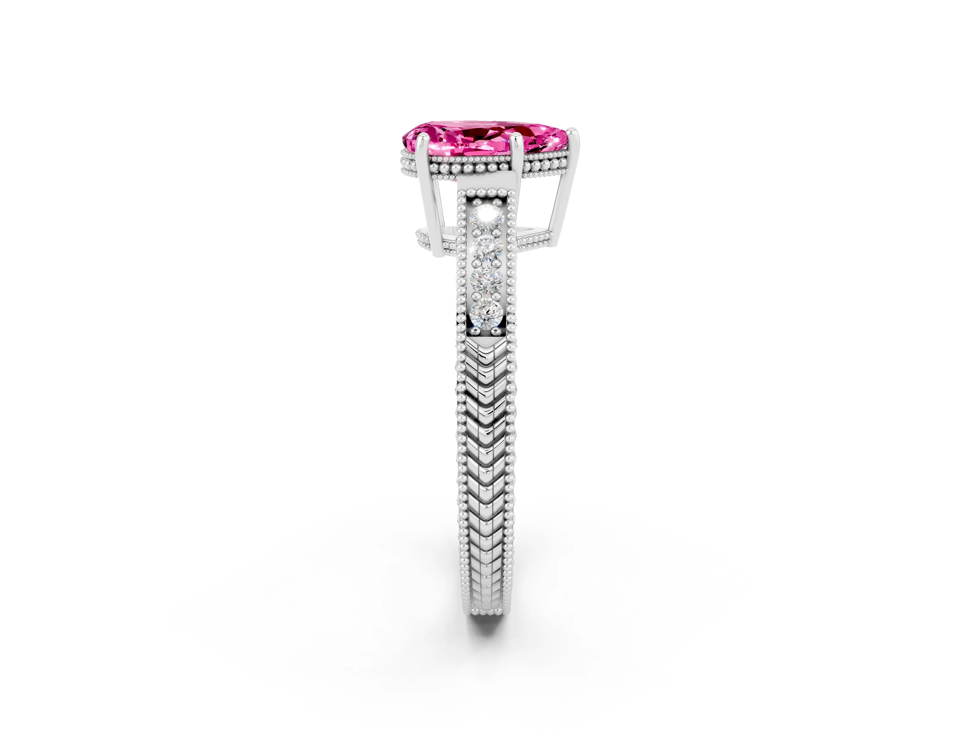 White gold Pear Cut Pink Sapphire Engagement Ring with Milgrain Channel Set Band and Prong Setting_26