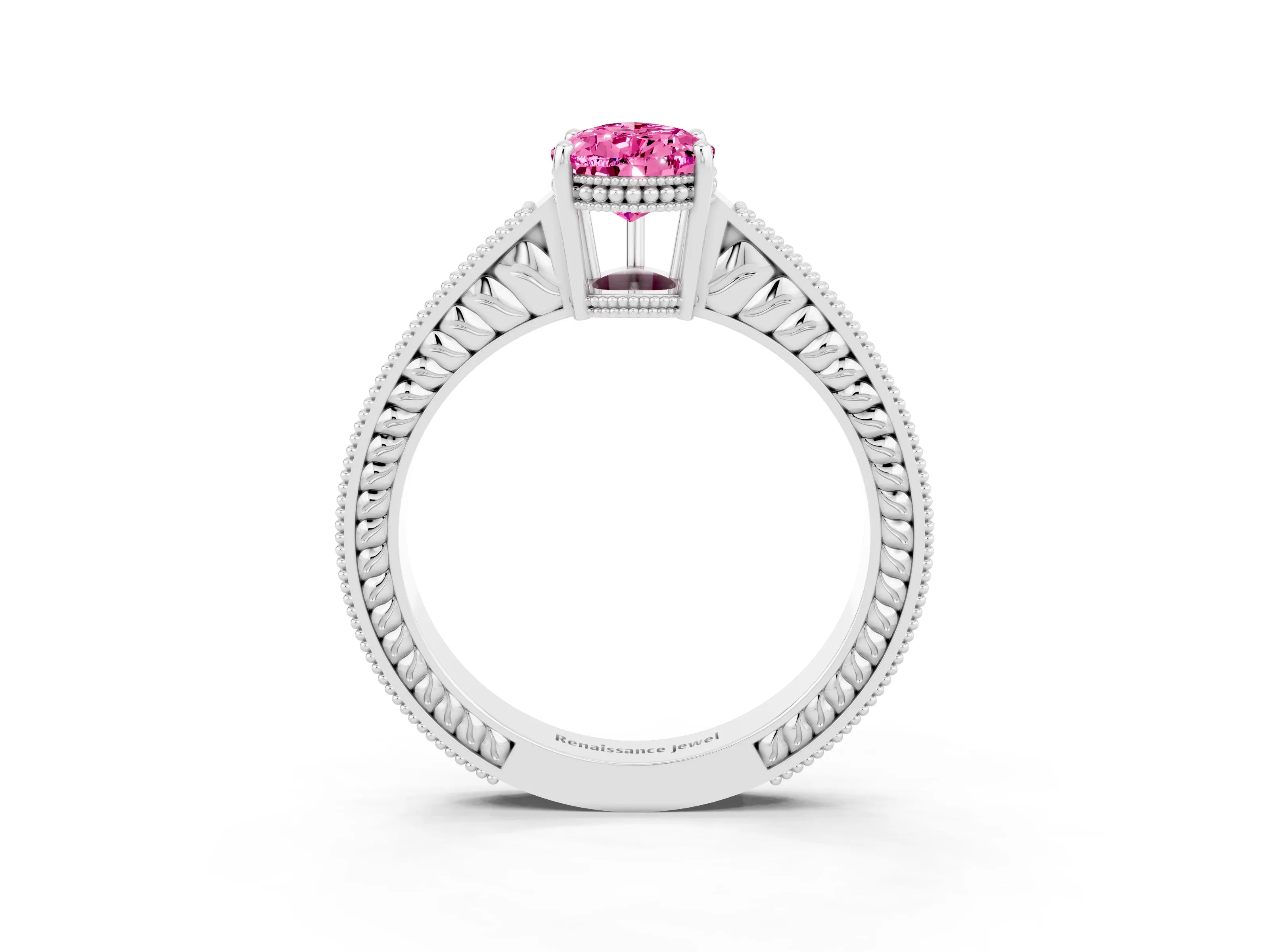 White gold Pear Cut Pink Sapphire Engagement Ring with Milgrain Channel Set Band and Prong Setting_27