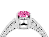 White gold Pear Cut Pink Sapphire Engagement Ring with Milgrain Channel Set Band and Prong Setting_28
