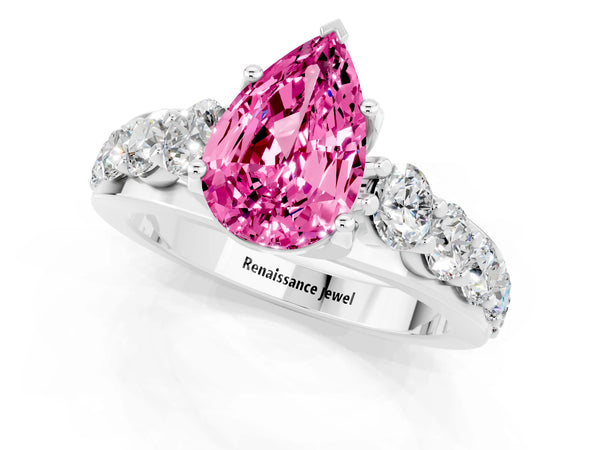 Platinum Pear Cut Pink Sapphire Engagement Ring with Pavé Band and Four-Prong Setting