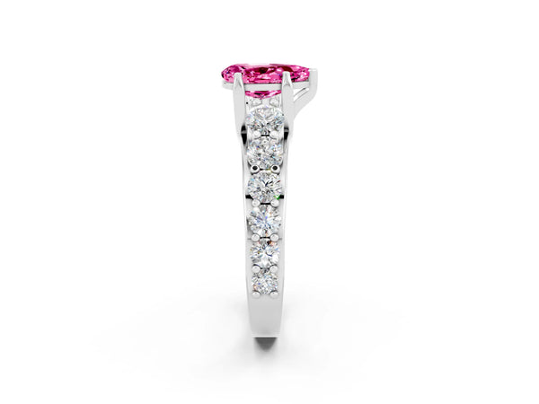 Platinum Pear Cut Pink Sapphire Engagement Ring with Pavé Band and Four-Prong Setting
