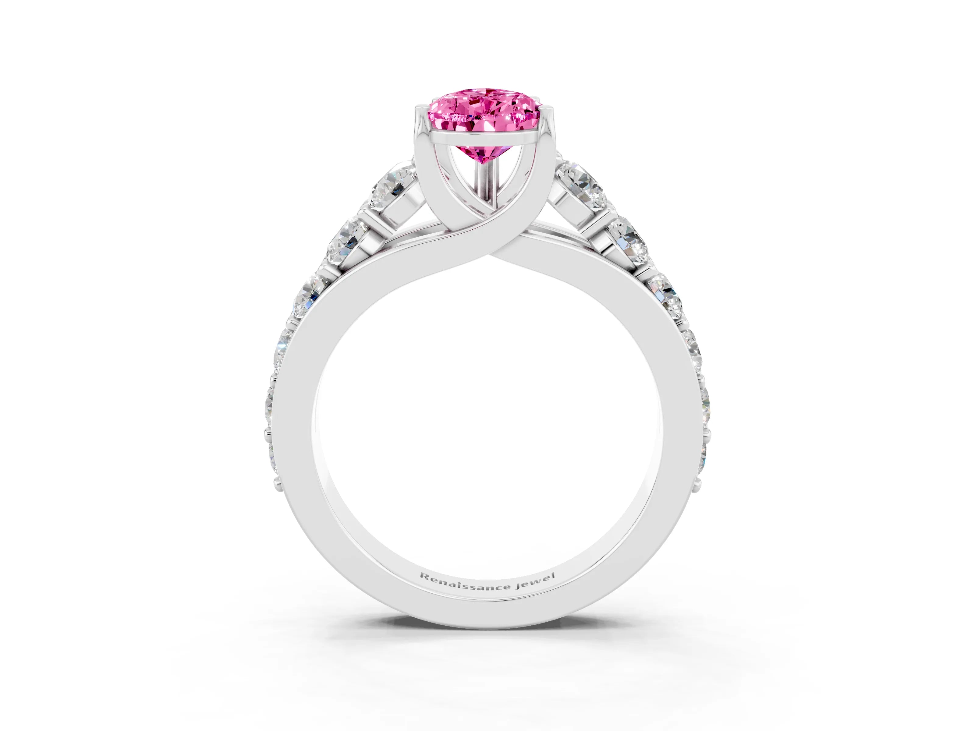 White gold Pear Cut Pink Sapphire Engagement Ring with Pavé Band and Four-Prong Setting_3