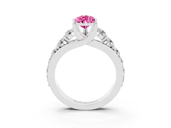 White gold Pear Cut Pink Sapphire Engagement Ring with Pavé Band and Four-Prong Setting