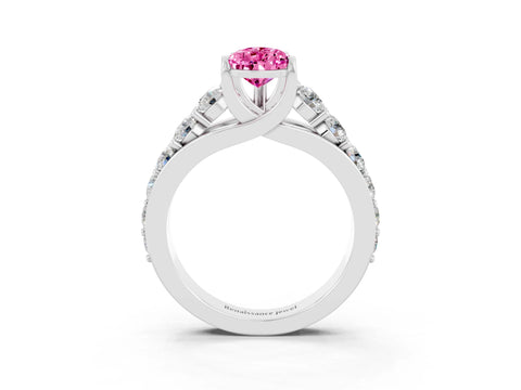 White gold Pear Cut Pink Sapphire Engagement Ring with Pavé Band and Four-Prong Setting_3