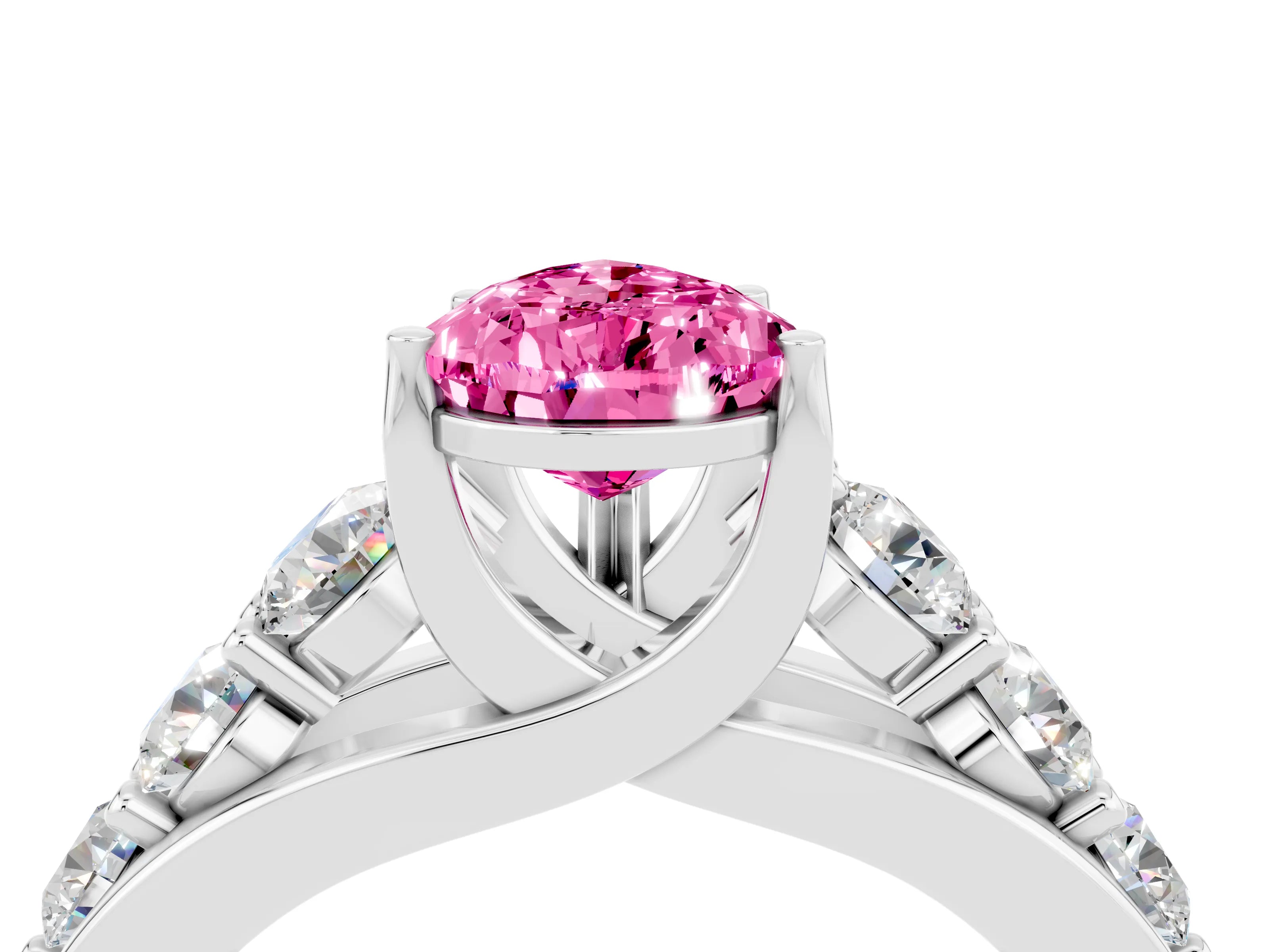 White gold Pear Cut Pink Sapphire Engagement Ring with Pavé Band and Four-Prong Setting_4