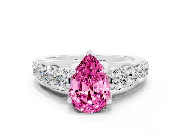 Silver Pear Cut Pink Sapphire Engagement Ring with Pavé Band and Four-Prong Setting