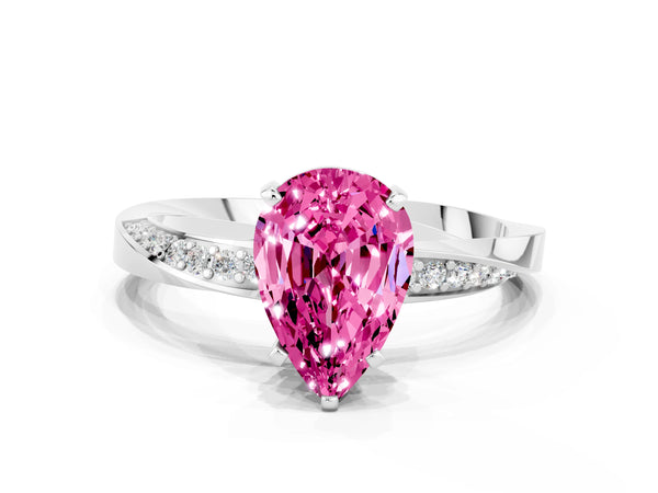 Platinum Pear Cut Pink Sapphire Engagement Ring with Side Stone Accents and Four-Prong Setting