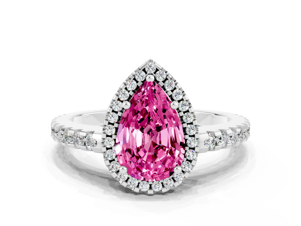 Platinum Pear Cut Pink Sapphire Halo Engagement Ring with Pavé Band and Prong Setting