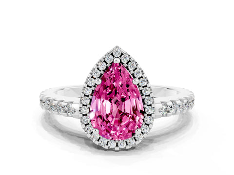 White gold Pear Cut Pink Sapphire Halo Engagement Ring with Pavé Band and Prong Setting_12