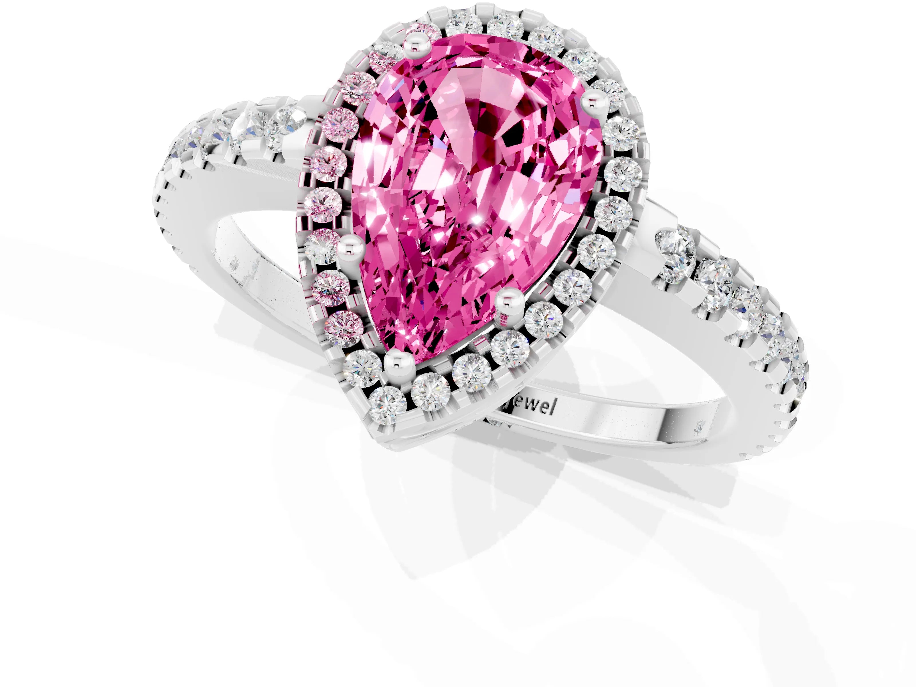 White gold Pear Cut Pink Sapphire Halo Engagement Ring with Pavé Band and Prong Setting_13