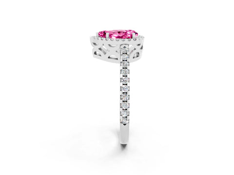 White gold Pear Cut Pink Sapphire Halo Engagement Ring with Pavé Band and Prong Setting_14