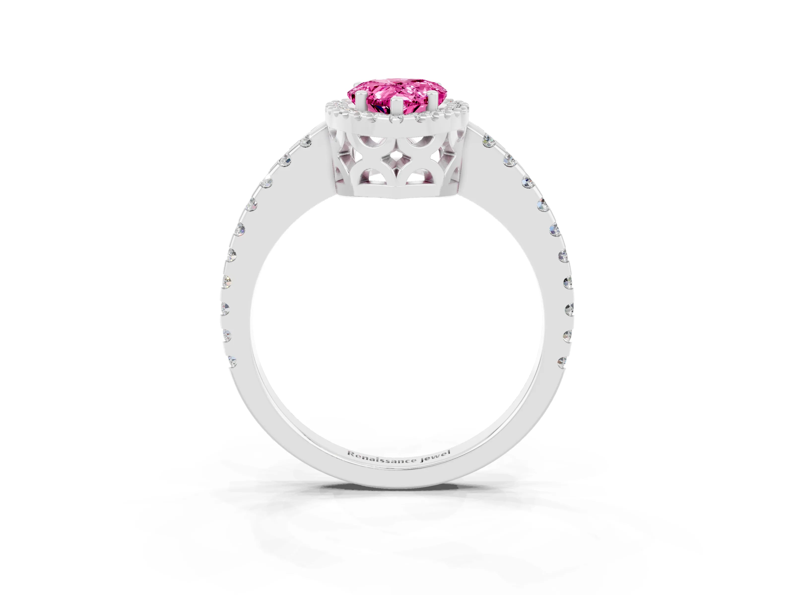 White gold Pear Cut Pink Sapphire Halo Engagement Ring with Pavé Band and Prong Setting_15