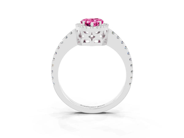 White gold Pear Cut Pink Sapphire Halo Engagement Ring with Pavé Band and Prong Setting