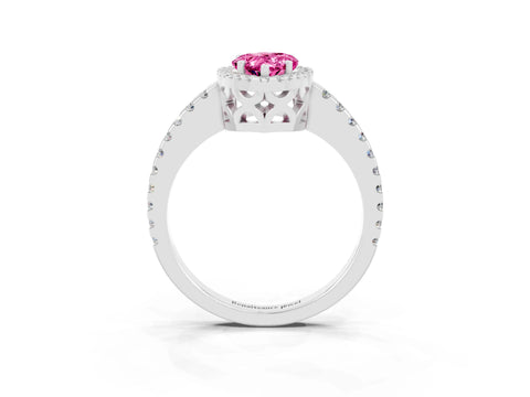 White gold Pear Cut Pink Sapphire Halo Engagement Ring with Pavé Band and Prong Setting_15